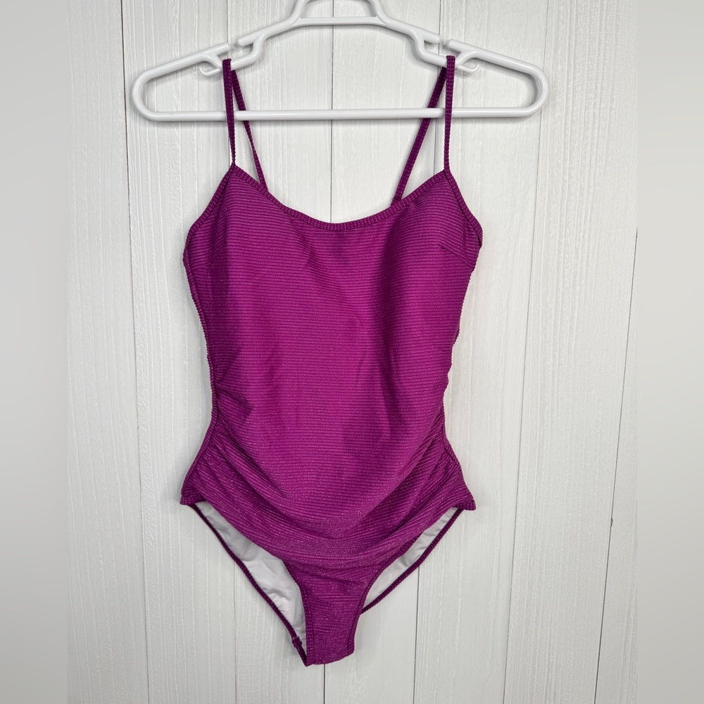 Eomenie Purple Shimmer Ruched Tummy Control One-Piece Swimsuit Size L